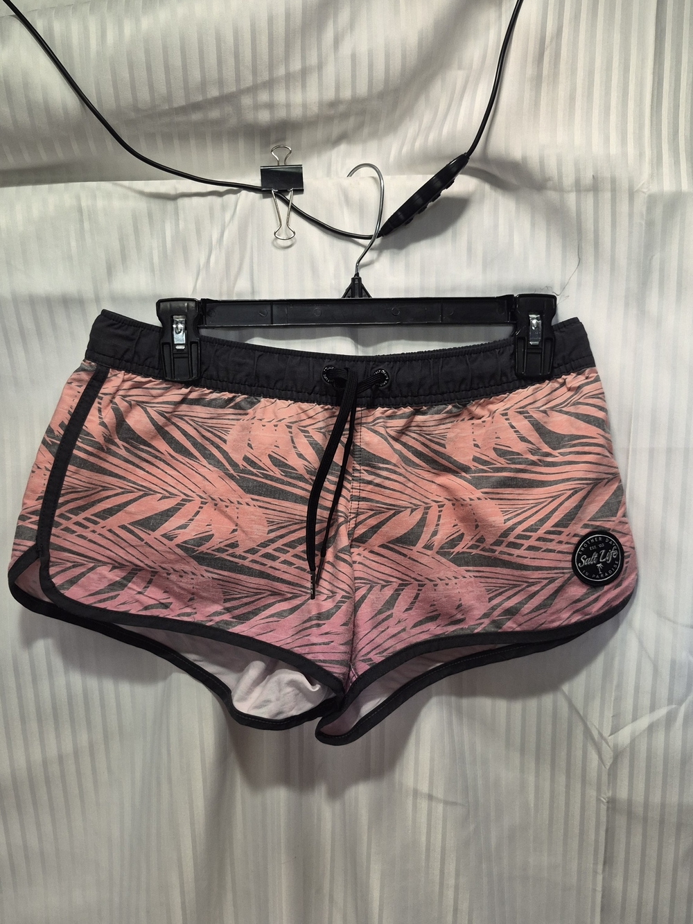 Salt Life Size Small Pink Palm-Print Women’s Athletic Shorts with Black Trim